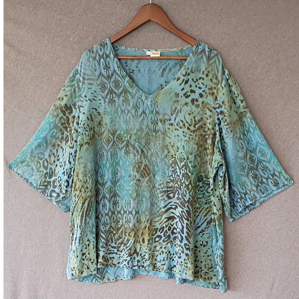 Tianello Silk Blouse 1X Blue Green Animal Print V-Neck Kimono Sleeve Top Boho